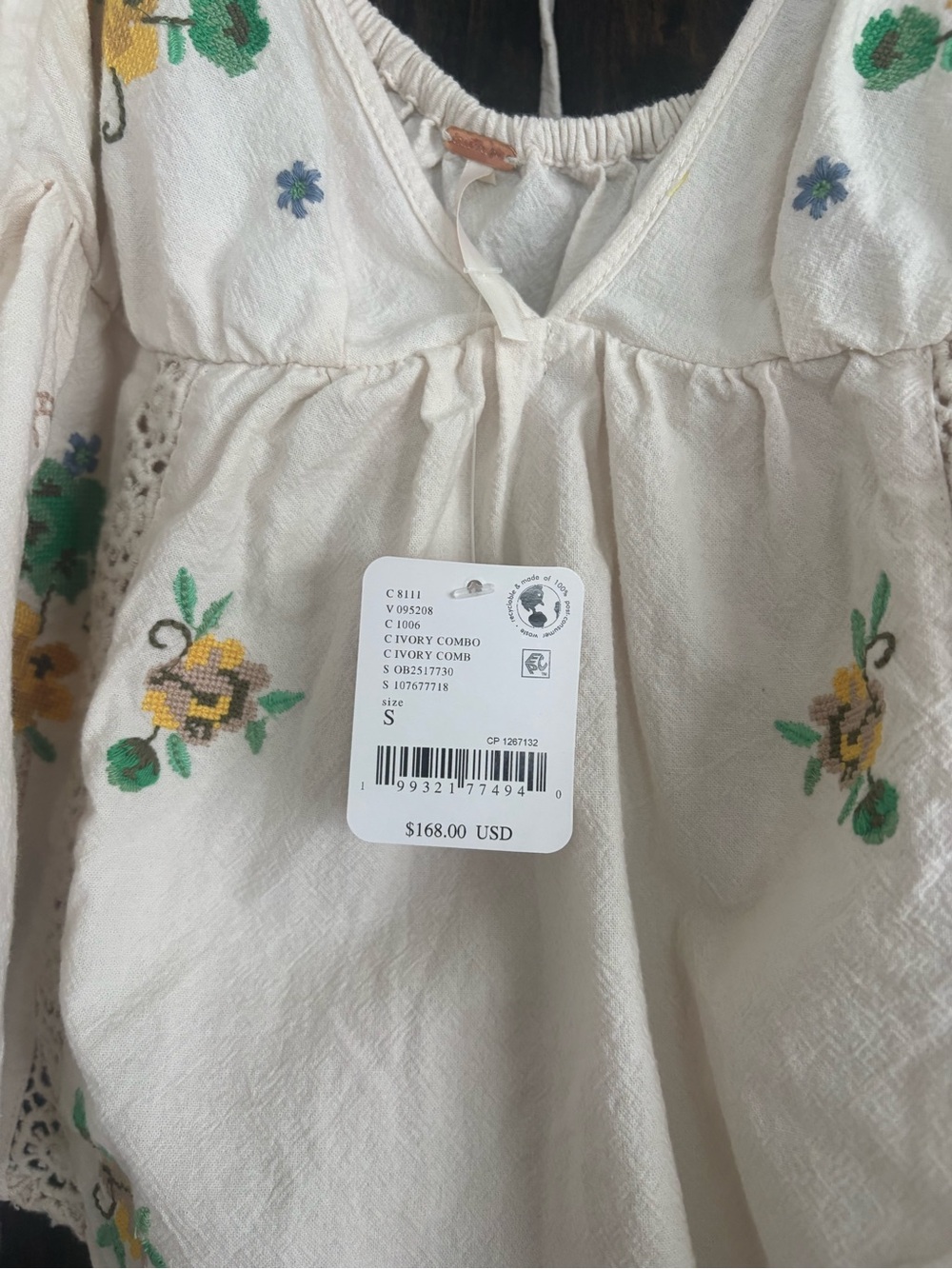 Free People White Floral Embroidered Tie-Back Peasant Top - Picture 3 of 4